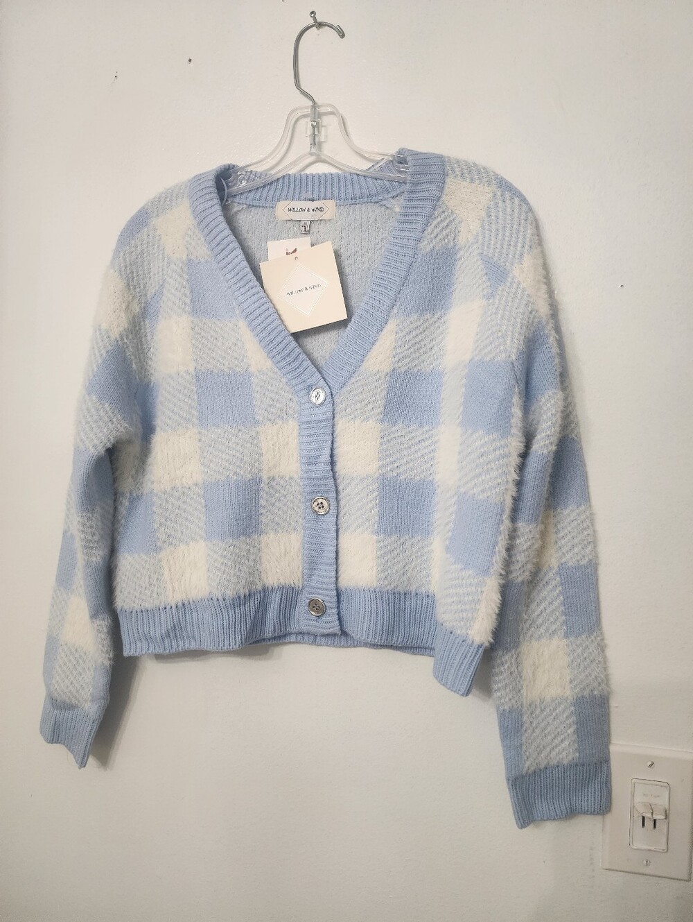 Light Blue & Cream Checkered Cropped Cardigan Sweater